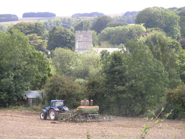 Seed drill and Church on 24th August 2006